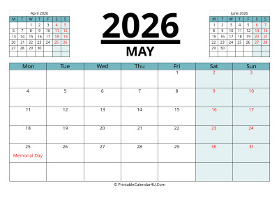 may 2026 calendar with prev and next month, week starts on monday