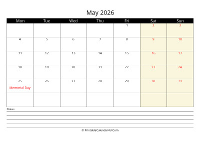 may 2026 monthly calendar with notes, week starts on monday