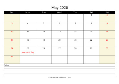may 2026 monthly calendar with notes, week starts on sunday
