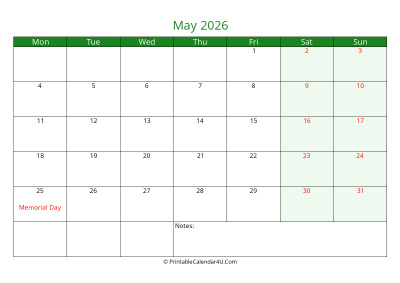 may 2026 printable calendar with holidays, week starts on monday