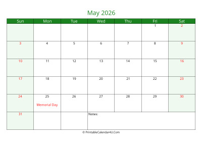 may 2026 printable calendar with holidays, week starts on sunday