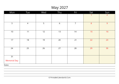 may 2027 monthly calendar with notes, week starts on monday