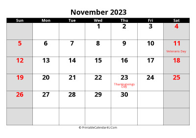 november 2023 calendar, highlighted weekend, week starts on sunday