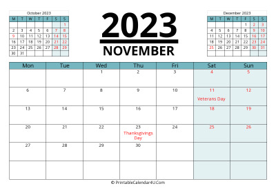 november 2023 calendar with prev and next month, week starts on monday