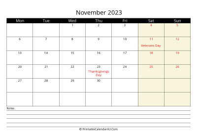 november 2023 monthly calendar with notes, week starts on monday
