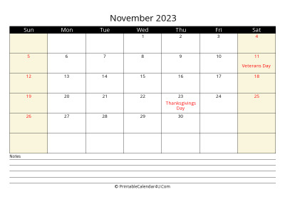 november 2023 monthly calendar with notes, week starts on sunday