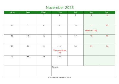 november 2023 printable calendar with holidays, week starts on monday