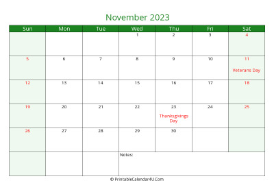 november 2023 printable calendar with holidays, week starts on sunday