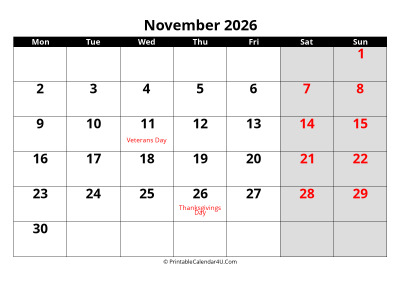 november 2026 calendar, highlighted weekend, week starts on monday