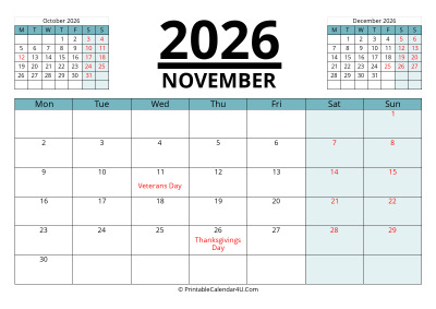 november 2026 calendar with prev and next month, week starts on monday