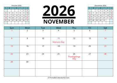 november 2026 calendar with prev and next month, week starts on sunday