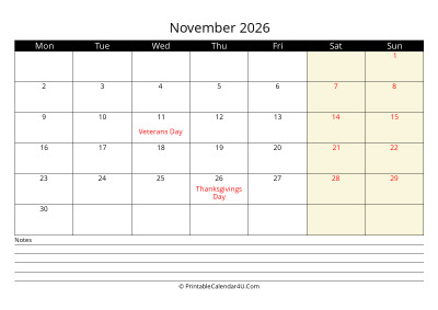 november 2026 monthly calendar with notes, week starts on monday