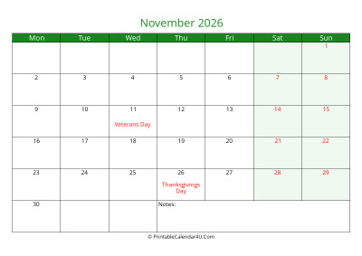 november 2026 printable calendar with holidays, week starts on monday