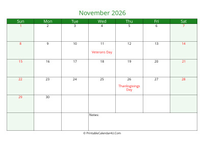 november 2026 printable calendar with holidays, week starts on sunday