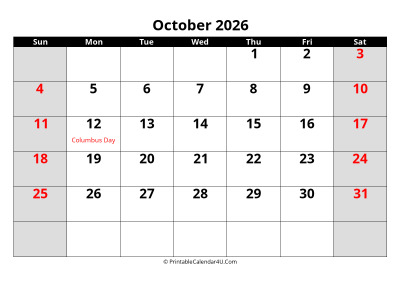 october 2026 calendar, highlighted weekend, week starts on sunday