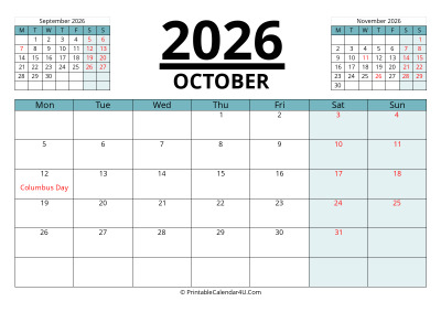 october 2026 calendar with prev and next month, week starts on monday
