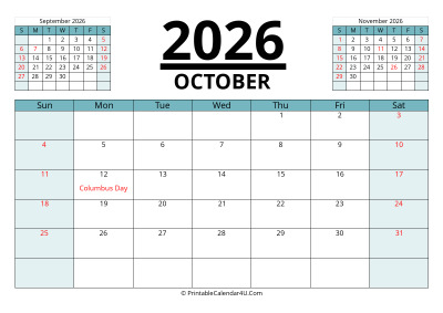 october 2026 calendar with prev and next month, week starts on sunday