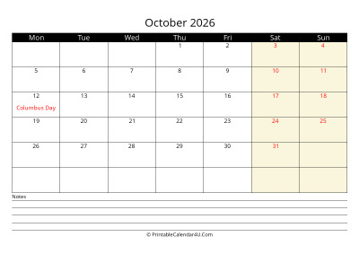 october 2026 monthly calendar with notes, week starts on monday
