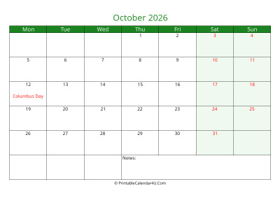 october 2026 printable calendar with holidays, week starts on monday