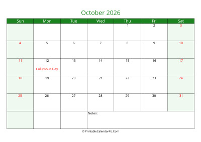 october 2026 printable calendar with holidays, week starts on sunday