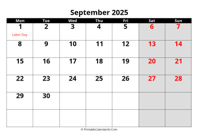 september 2025 calendar, highlighted weekend, week starts on monday