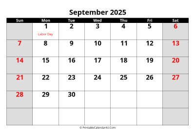 september 2025 calendar, highlighted weekend, week starts on sunday