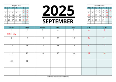 september 2025 calendar with prev and next month, week starts on monday