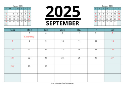 september 2025 calendar with prev and next month, week starts on sunday