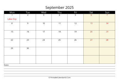 september 2025 monthly calendar with notes, week starts on monday