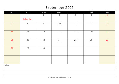 september 2025 monthly calendar with notes, week starts on sunday