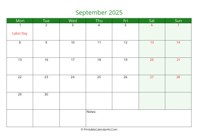 september 2025 printable calendar with holidays, week starts on monday