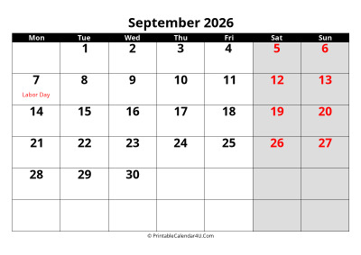 september 2026 calendar, highlighted weekend, week starts on monday
