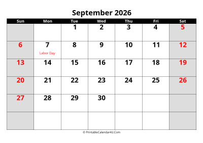 september 2026 calendar, highlighted weekend, week starts on sunday