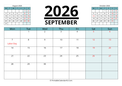 september 2026 calendar with prev and next month, week starts on monday