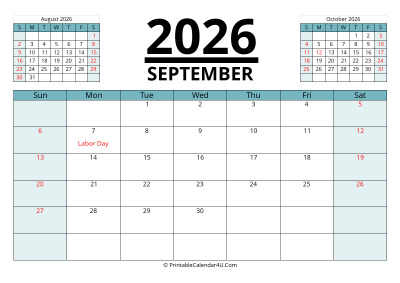 september 2026 calendar with prev and next month, week starts on sunday