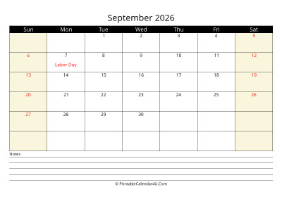 september 2026 monthly calendar with notes, week starts on sunday