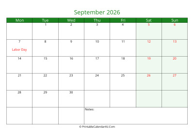 september 2026 printable calendar with holidays, week starts on monday