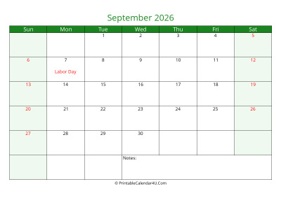 september 2026 printable calendar with holidays, week starts on sunday